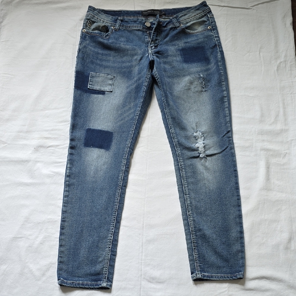 Forever 21 Blue Straight Leg Jeans with Distressed Patches